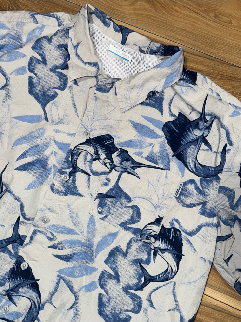 Columbia PFG Cotton Hawaiian Fishing Shirt SailFish Tuna Men XL Vented All Print